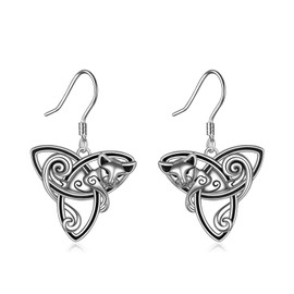 POPLYKE 925 Sterling Silver Celtic Cat/Fox/Moon Owl Earrings, Cute Animal Earrings, Gift for Women (Cat)