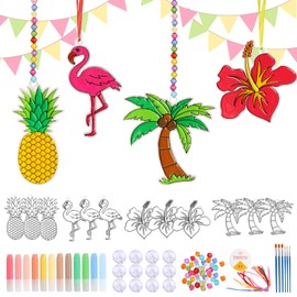 LOHAME Pack of 12 Hawaii Crafts Kids Hawaiian Sun Catcher Craft Set Flamingos Pineapple Hibiscus for Painting Tropical Creative Set for Girls Boys Summer Aloha Tiki Luau Party Children's Birthday