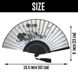FANSOF.FANS Ink Art Handheld Folding Fan with a Handcrafted Box Fabric Pouch for Women Girls Black and White with Silver Touch Up Durable Folding Fabric Hand Fan (Dragonflies and Flowers)