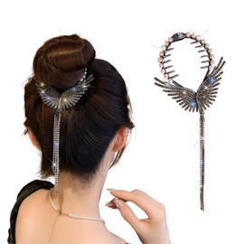 Rannyrena Pearls Tassel Rhinestone Ponytail Claw Clip for Women Crystal Bow Ponytail Bauckle Buns Hair Holder Sparkling Metal Hair Bun Accessories (Dark Grey Angle Wings)