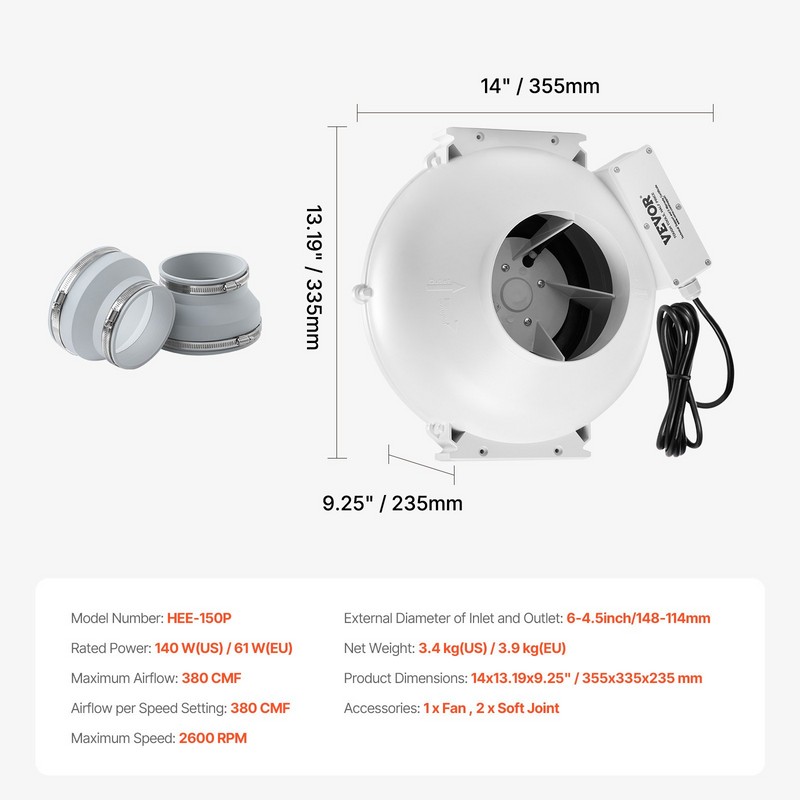 4" to 4.5" Radon Mitigation Fan System Quiet 380 CFM
