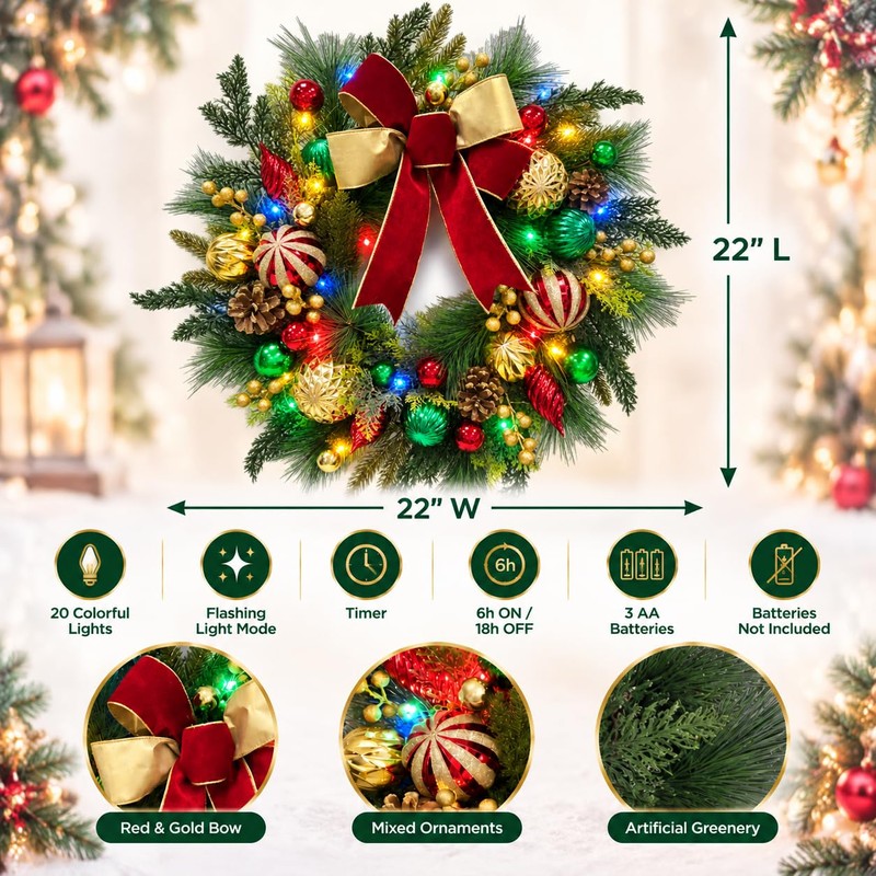 22 Inch Lighted Christmas Wreath with Timer, Red Bow and
