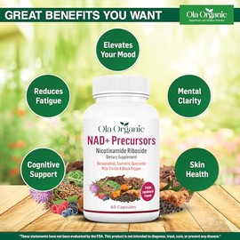 Suplemento NAD+ con ribósido de nicotinamida, resveratrol, quercetina, cúrcuma, rodiola, cardo mariano y pimienta negra, energía celular y apoyo mitoc