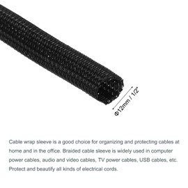 sourcing map Split Sleeve Wire Loom 1/2" 25Ft Black Self Wrapping Braided Sleeve UL94-V2 Fireproof PET Sleeving for Automotive, Home Cable Management