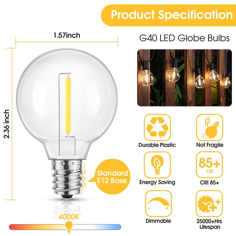 Mlambert G40 LED Replacement Light Bulbs for String Lights, Dimmable