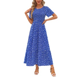 Maggeer 2024 Womens Summer Blue Floral Short Sleeve Maxi Dress Casual Cute Smocked Boho Baby Shower Beach Long Dresses for Women Floral R-Blue L