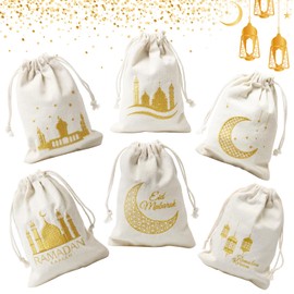 Pack of 6 Ramadan Bags, Eid Mubarak Bags, Gift Bags for Ramadan Decoration, Ramadan Gift Bags Made of Cotton, Gift Bags for Filling for Muslim Ramadan Decoration Party