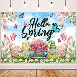 MEHOFOND 7x5ft Spring Backdrop Colorful Floral Hello Spring Decorations Banner Butterfly Tulip Happy Spring Photography Background Easter Holiday Party Decorations Indoor Outdoor Photo Booth Props
