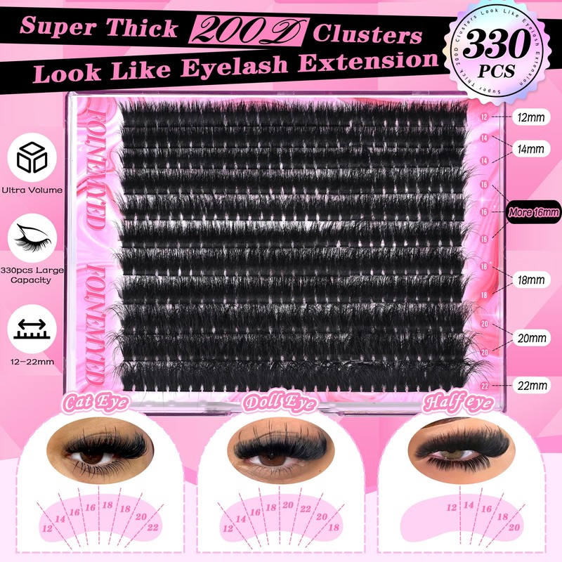 Lash Clusters 330Pcs Cluster 200D Mega Volume Eyelash Extensions 12-22MM