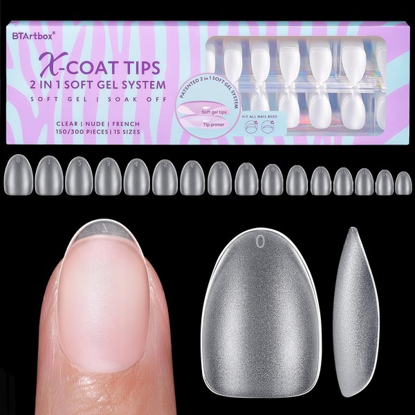 Extra Short Almond Nail Tips - BTArtbox Gel Nail Tips 320PCS 2 in 1 X-COAT Tips with Tip Primer Cover,Pre-shaped Full Matte Oval Gel Press On Nails Clear Fake Nails for Acrylic Nail Extension 16 Sizes