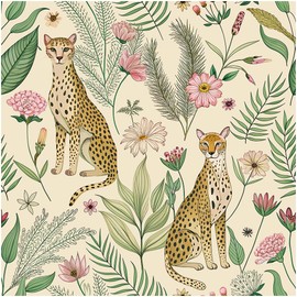 Floralplus Wallpaper Peel and Stick Removable Floral Cheetah Wallpaper Tropical Animal Jungle Leopard Wallpapers for Bedroom Boho Renter Friendly Self Adhesive Contact Paper 17.5 x 393 in