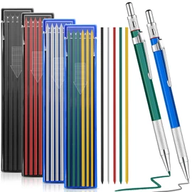 Gersoniel 2 Pcs Welders Pencil with 48 PCS Round Refills Mechanical Pencils Metal Welding Marker for Tube Pipe Fitter Welder Steel Construction Woodworking (Silver, Black, Red, Yellow, Green)