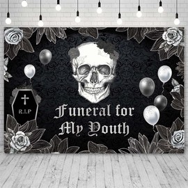 AIBIIN 7x5ft Funeral for My Youth Backdrop for 30th 40th Birthday Party Decorations RIP to My Youth Gothic Skull Balloons Black Photography Background Photo Props
