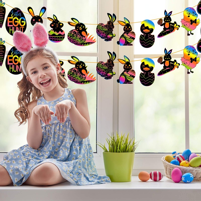 FEPITO 24 Pcs Easter Scratch Paper Kits Bunny Scratch Paper