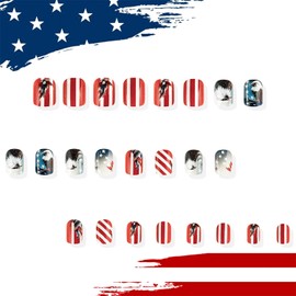 24Pcs Independence Day Press on Nails Medium Square Eagle Red White Stripes Design Gradient Fake Nail Star Patriotic Acrylic Fingernails 4th July Full Cover Glossy Holiday Stick on Nails for Women