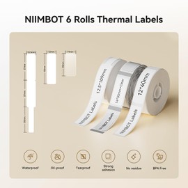 NIIMBOT 6 Rolls Labels Tape for D11/D110/D101 Label Maker, 12x40mm(White)/2 Rolls, 12.5X 109mm(Cable)/2 Rolls, 14 x 30mm(Clear)/2 Rolls, Thermal Label Tape for Home Office Labeling Tape Replacement