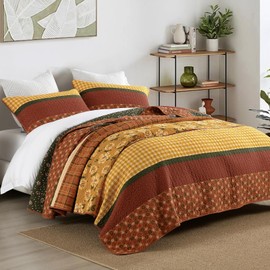 Finlonte Fall King Quilt Set - 100% Cotton Farmhouse King Size Quilt, Floral Striped Quilted Bedspreads Lightweight Reversible Comforter Bed Spread for All Seasons, Brown/Yellow/Green, 3 Pieces