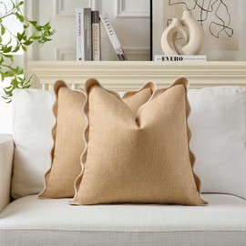 Mayler Yee Scalloped Throw Pillow Covers Set of 2 for Living Room, Cotton & Linen, Boho Sytle Decorative Home. Fabric Feels a Little Stiff, Because Scalloped Edges Require (Khaki & White, 18x18 Inch)