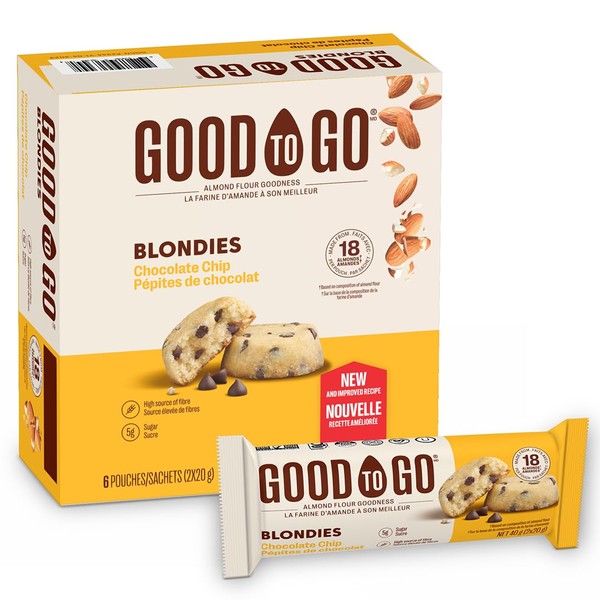 GOOD TO GO Chocolate Chip Blondies, (2x20g) x 6 Pouches – High Fibre, Almond Flour, Non-GMO Snacks To Go