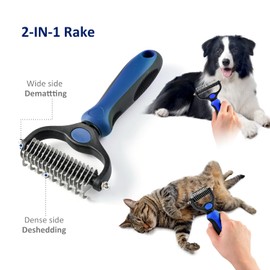 Pet Grooming Brush - Double Sided Shedding, Dematting Undercoat Rake for Dogs, Cats - Extra Wide Dog Grooming Brush, Dog Brush for Shedding, Cat Brush, Reduce Shedding by 95% (Blue, Small)