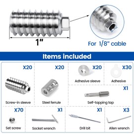 [Patent] Muzata 20 Pack 1/8" Swageless Invisible Cable Railing Kit Hardware Swageless Fittings Lag Screw Hidden for 4x4 6x6 8x8 Wood Posts T316 Stainless Steel Deck Cable Railing System 10 Pairs CB16