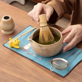 Matcha Whisk 7-piece set, Matcha bowl with nozzle, Matcha whisk stand, Matcha bamboo whisk, spoon, stainless steel sieve, cloth mat, spoon stand, is a home kitchen decoration gift (brown)