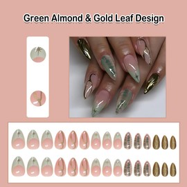 ANDGING Green Almond Press on Nails Short Medium French Tip Fake Nails with Gold Leaf Designs Full Cover Glue on Nails for Wedding Gel Acrylic Pressons Nails False Nails for Women Stick on Nails