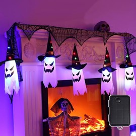 Luces Decorativas de Halloween - 5 Colgantes Fantasma con Sombrero de Bruja, IPX67 Impermeable, 2 Modos de Luz LED, para Decoración Interior/Exterior,