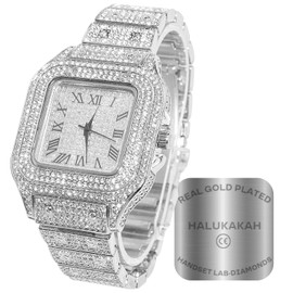 Halukakah Diamond Gold Watch, Men's 18K Genuine Gold-Plated / Platinum White Gold-Plated 40 mm Wide Square Choose Quartz Bracelet 24 cm with Cuban Link Chain 20 + 45 cm Necklace Bracelet with Gift Box, Platinum Plated Watch, Bracelet