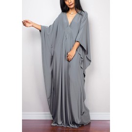 L-Peach Women's Bohemian Kaftan Maxi Loungewear Oversized Nightdress Homewear Beach Cover Up Dress, C Grey