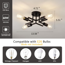 Industrial 4-Lights Semi Flush Mount Ceiling Light Fixture Modern Metal Black Sputnik Chandeliers with E26 Bulb Base Close to Ceiling Light for Kitchen Dining Room Living Room Hallway Bedroom Entryway