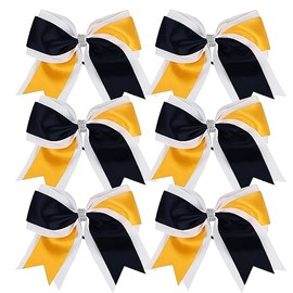 Cheerleader Bows 8 Inch 3 Colors 2 Layers 6 Pcs Jumbo Ponytail Holder Cheerleading Bows for High School College Hair Elastic Hair Tie (Black-Gold)