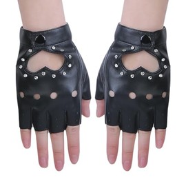 ccHuDE Heart Cutout Gloves PU Leather Rhinestones Gloves Dance Performance Gloves Half Finger Gloves Fingerless Gloves Black