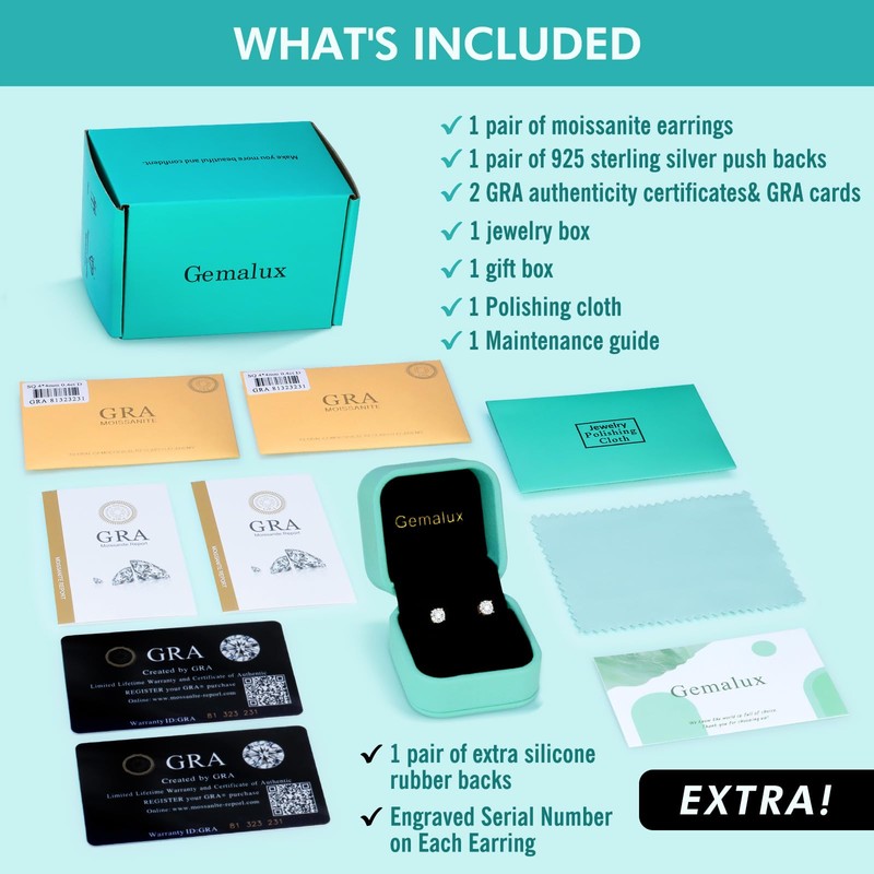 Gemalux Moissanite Stud Earrings 0.6ctw, D Color VVS1 Clarity, Hypoallergenic