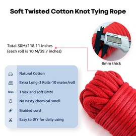 3-Pack Soft Cotton Rope - 10M/33Feet, 8MM Thick - Durable, Washable, Multi-Purpose Braided Twisted Rope for Crafts, DIY and Utility - Black, Red, Purple