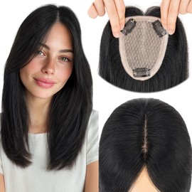 Elailite Human Hair Toppers for Women Real Human Hair Thinning Thin 9 * 12CM Silk Base Clip in Remy Hairpieces Hand-Tied 10 Inch Jet Black