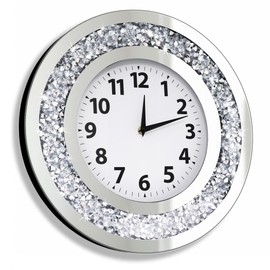 DMDFIRST Crystal Crushed Diamond Mirrored Round Wall Clock 16x16x2 inches for Wall Decoration Silver Glass Mirror Clock Sparkle Twinkle Bling Home Decor. AA Battery is not Included.