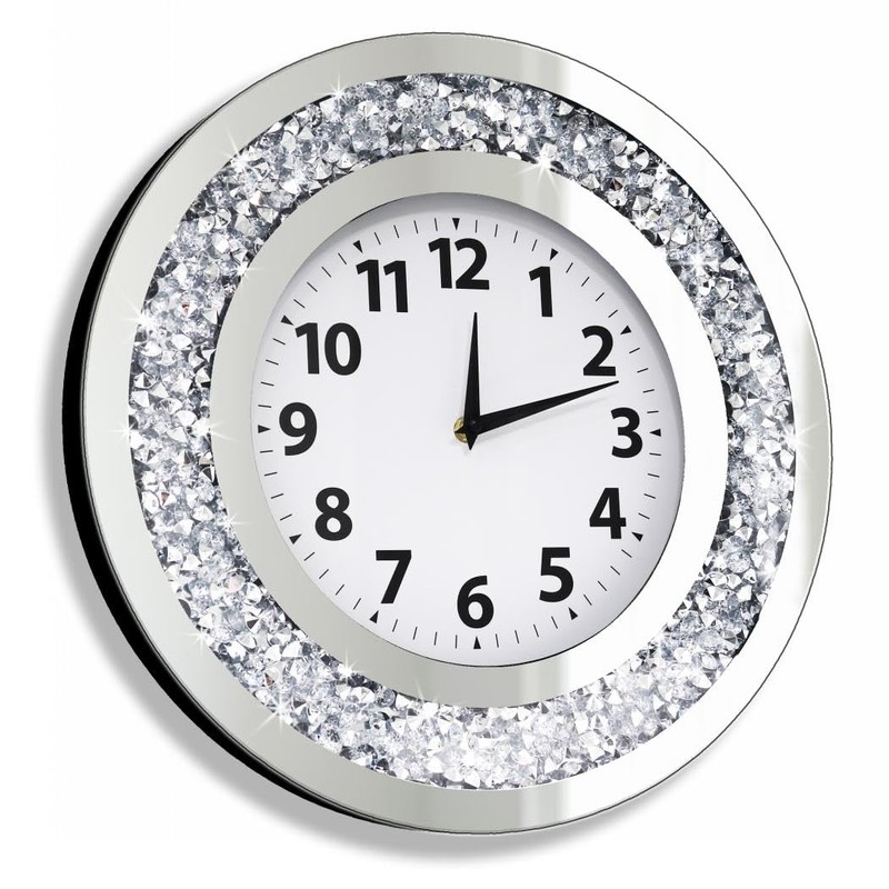 DMDFIRST Crystal Crushed Diamond Mirrored Round Wall Clock 16x16x2 inches