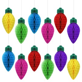 Humyoun 12 Pcs Christmas Lights Honeycomb Hanging Decorations 3D Light Bulb Shaped Xmas Rainbow Paper Ornament Assorted Colors Honeycomb Lights Honeycomb Ornament for Christmas Classroom Decorations