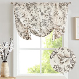 jinchan Tie Up Valance Floral Linen for Windows Farmhouse Valance 54 Inch Peonies Botanical Short Window Treatment Adjustable for Kitchen Living Room Light Filtering 1 Panel Black on Beige