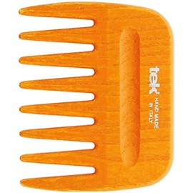 Tek afro hair comb in ash wood, orange color - Handmade in Italy