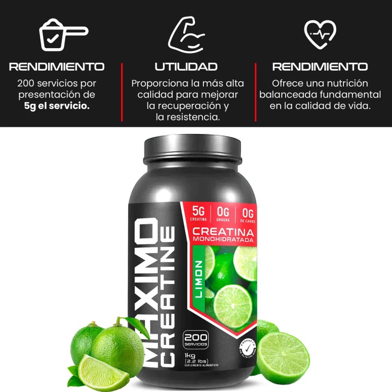 Creatina Monohidratada 1kg Maximo Protein 200 Porciones Limón