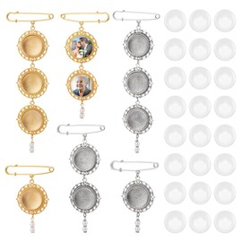 DELORIGIN 6 Sets Bouquet Photo Charm Wedding Bouquet Memorial Photo Charms Gold Silver Memory Pendant Brooch Pin Lacy Double Side Picture Frame With Pearl for Wedding Bride Groom Family Couple (Round)