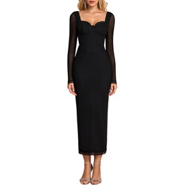 KUTUMAI Corset Lace Long Sleeve Formal Dress Back Slit Bodycon Fall Cocktail Wedding Guest Dresses Black L