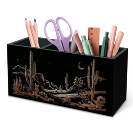 DILSJ Western Pen Pencil Holder Organizer for Desk, Western Office Decor, Country Southwestern Desert Cactus Landscape Wooden Box Signs for Home Bedroom Office Desk Tabletop Decoration