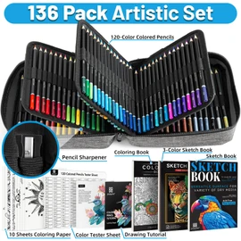 136 PCS Colored Pencils Set for Adult Coloring Books, 120 Colored Pencils with Sketchbook, Coloring Book, Sharpener, Soft Core Oil-Based Coloring Pencils for Artists Drawing Sketching Blending Shading