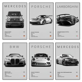 VOYANTE Confezione da 6 poster di auto sportive, poster di supercar, immagini murali di auto sportive in bianco e nero per ragazzi e uomini, immagini su tela di auto da corsa per il soggiorno, regalo
