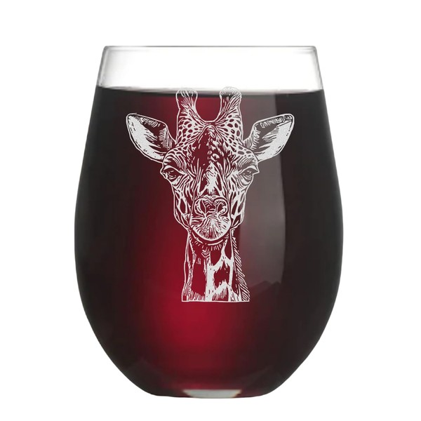 Giraffe Stemless Wine Glass 18 oz Laser Engraved Hand Drawn