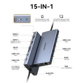 USB C Docking Station Dual Monitor for Dell/HP/Lenovo/Surface Laptop,15 in 1 Triple Display Multiport Adapter USB C Hub,USB C Dock Dongle with 2 HDMI+VGA+6 USB C/A+Button+100W PD +Ethernet+SD/TF+Audio