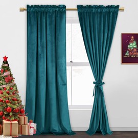 JIUZHEN Teal Velvet Curtains 96 inches - Soft Retro Velvet Blackout Rod Pocket Curtains Thermal Insulated Noise Reducing Window Drapes for Party/Hotel Hall, 52W x 96L, Set of 2 Panels